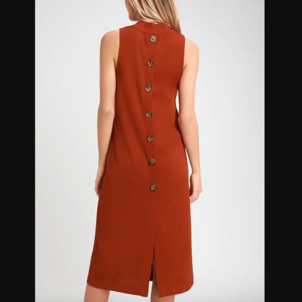 Tranquil Rust Orange Mock Neck Button-Back Midi D… - image 2